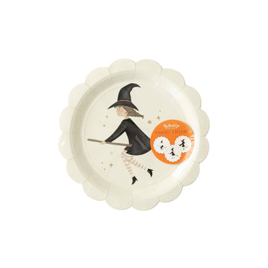 scalloped paper plate with flying witch on a broom