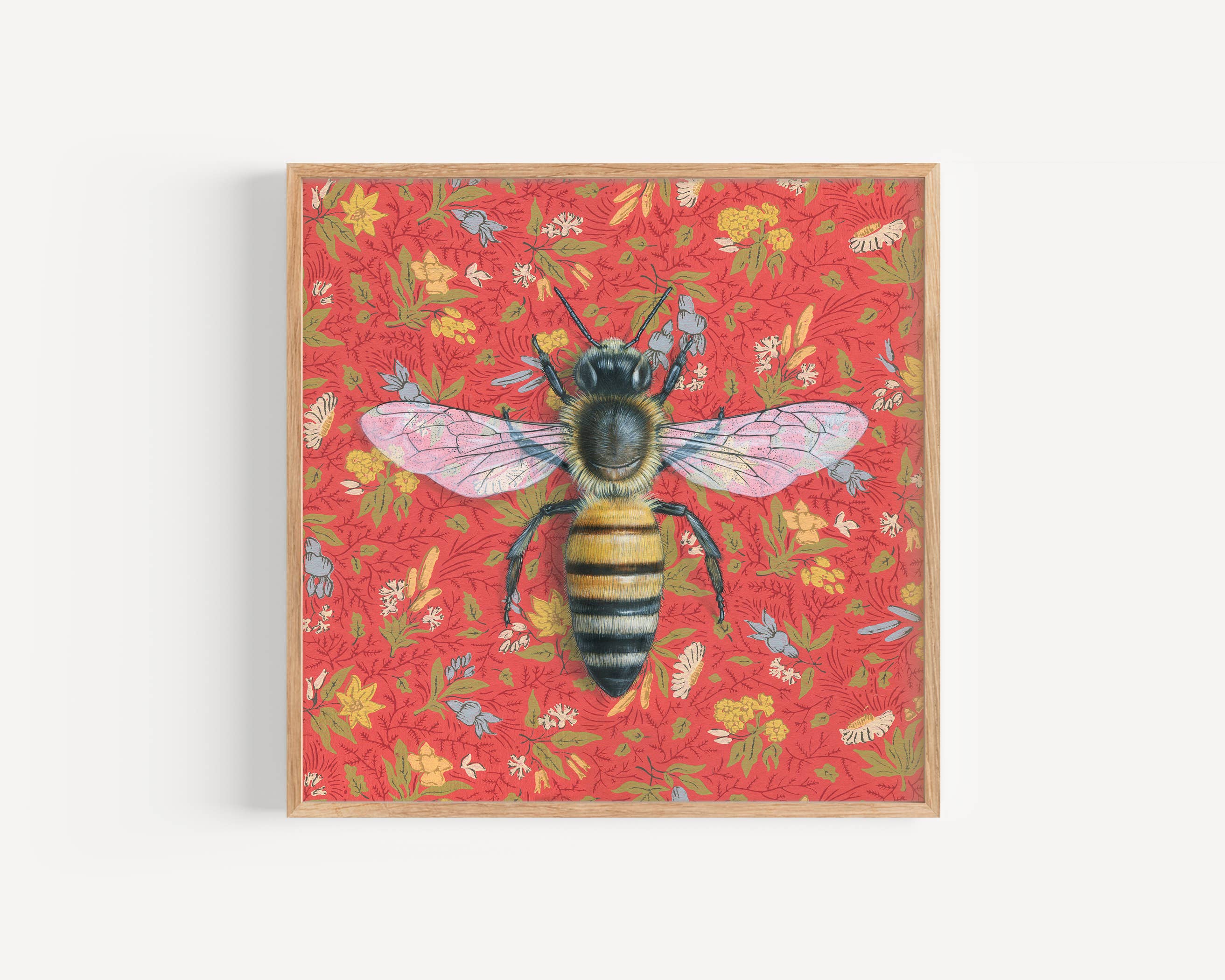 Honeybee Red - Fine Art Print by Emily Uchytil featuring an illustrated honeybee on a vibrant red background adorned with floral motifs.