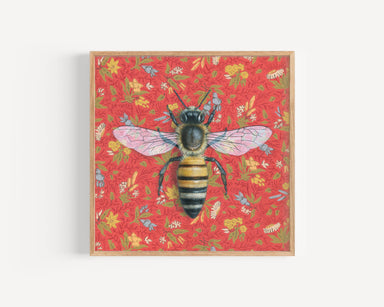 Honeybee Red - Fine Art Print by Emily Uchytil featuring an illustrated honeybee on a vibrant red background adorned with floral motifs.