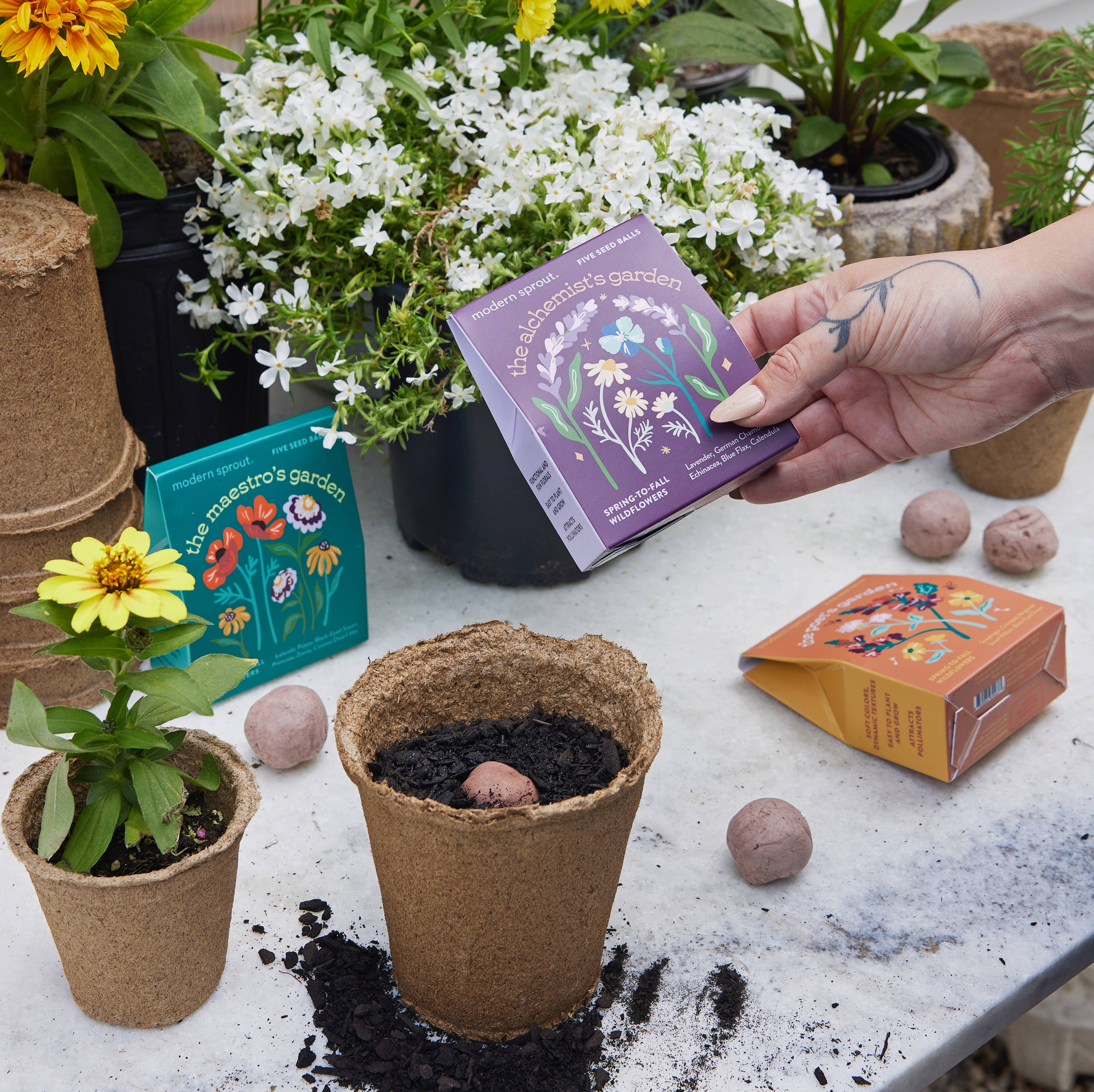 A person preparing to plant a Bespoke Blooms seed ball while holding The Alchemist's Garden kit by Modern Sprout, surrounded by blooming plants in a garden setting.