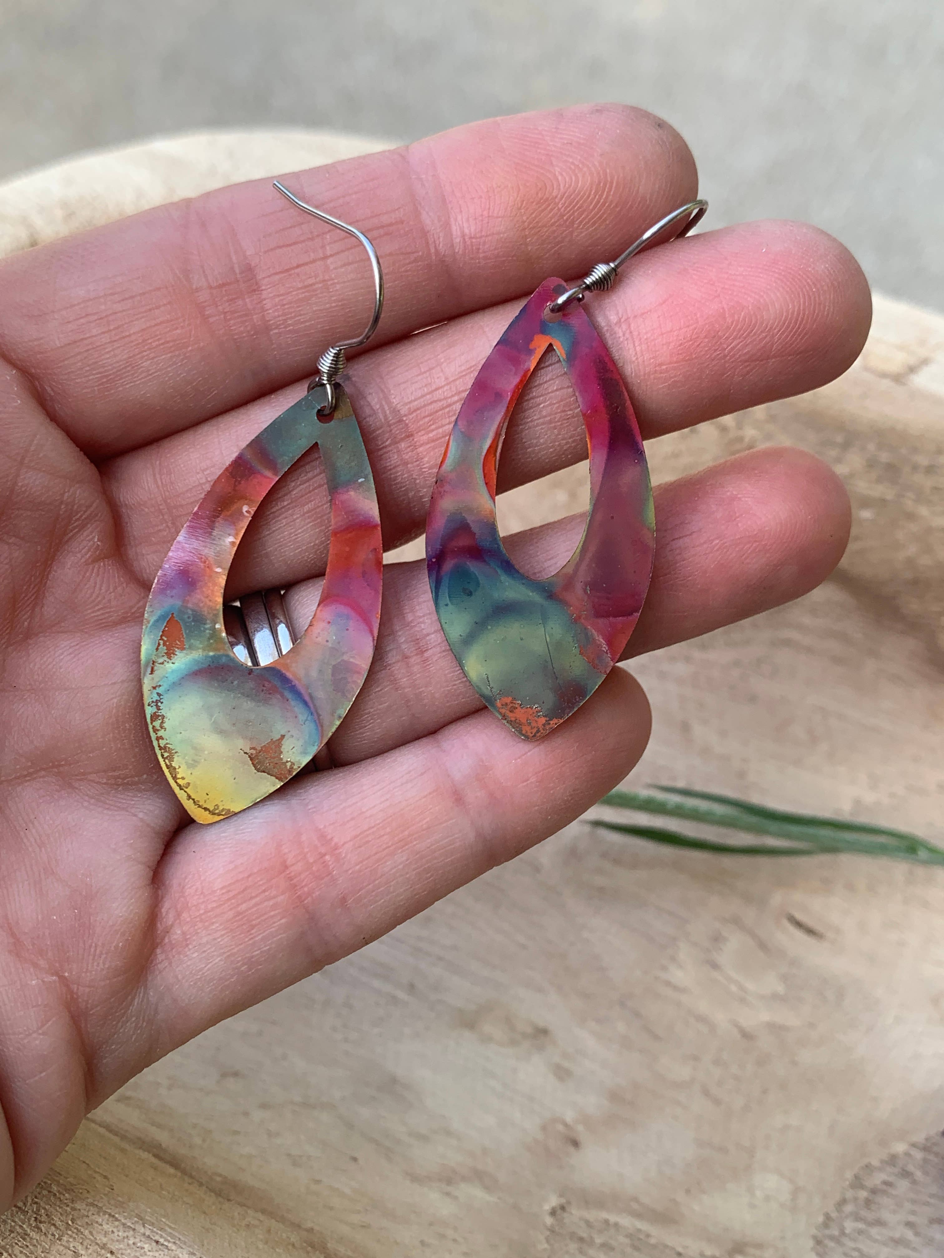 Stylish Pointed Teardrop Fire Painted Copper Earrings perfect for adding a pop of color to any outfit.