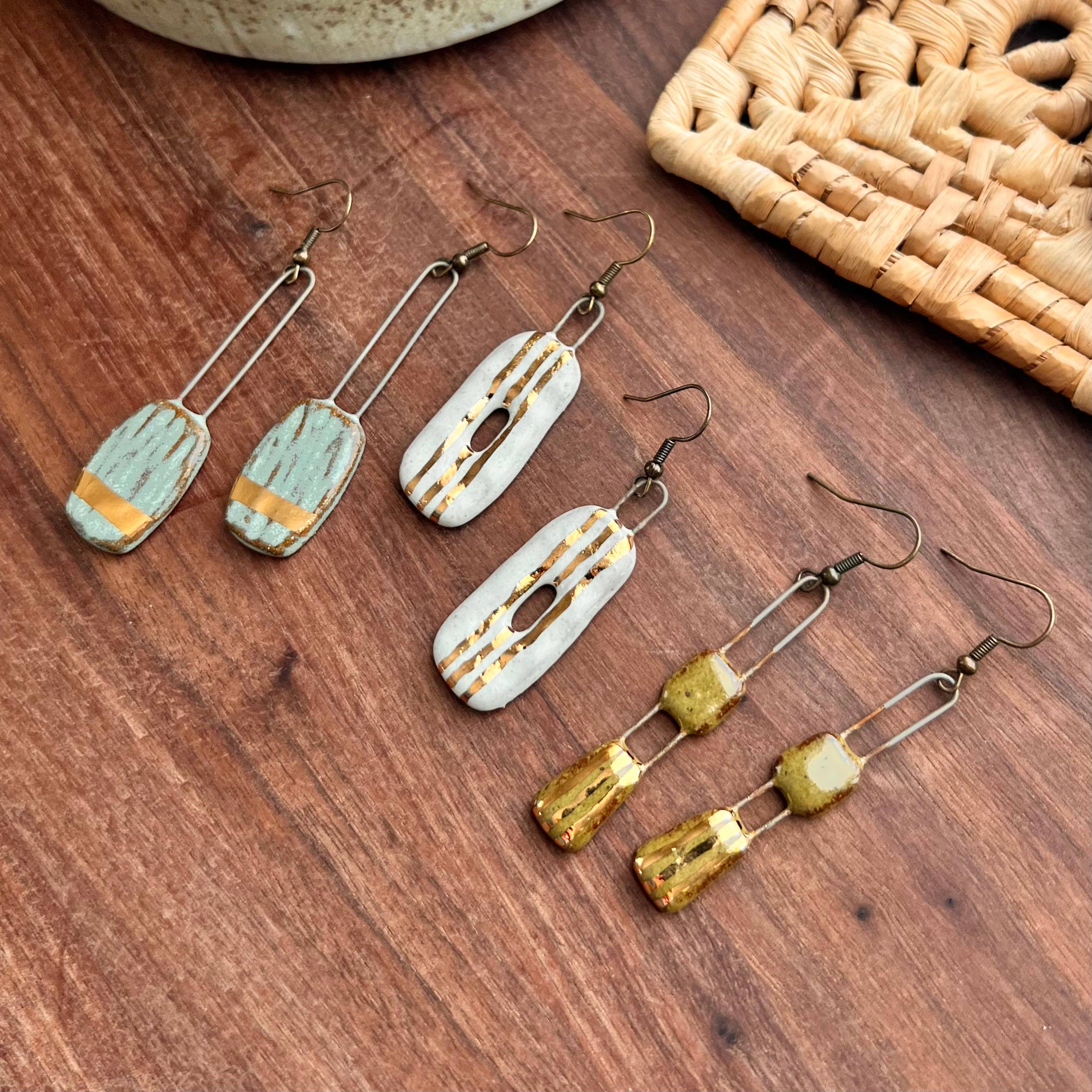 Handmade Speckled Olive Two Piece Gold Lined Earrings by The Artifact House, showcasing unique ceramic designs with 24K gold accents.