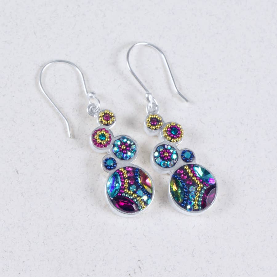 Colorful geometric crystal round earrings by Mosaico Jewels featuring a bold design with multi-colored stones.