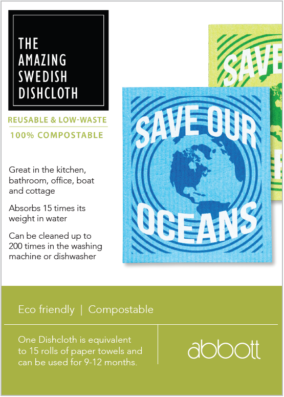 Eco-friendly Swedish dishcloth featuring 'Save Our Oceans' slogan, showcasing the benefits of reusable products from Abbott, related to the Fern Leaf Dishcloths.