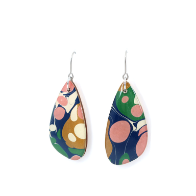 Navy and pink modern marble dangle earrings featuring unique hand-marbled UK paper with a UV-cured resin finish.