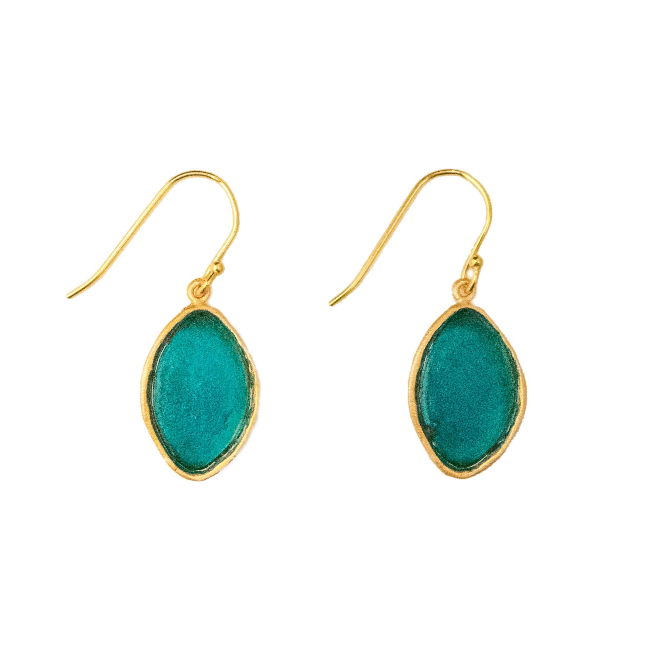Peacock Wire Earrings by Michael Vincent Michaud featuring a stunning peacock blue cast glass drop with a 24K gold finish, perfect for adding a touch of elegance to any outfit.