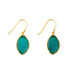 Peacock Wire Earrings by Michael Vincent Michaud featuring a stunning peacock blue cast glass drop with a 24K gold finish, perfect for adding a touch of elegance to any outfit.
