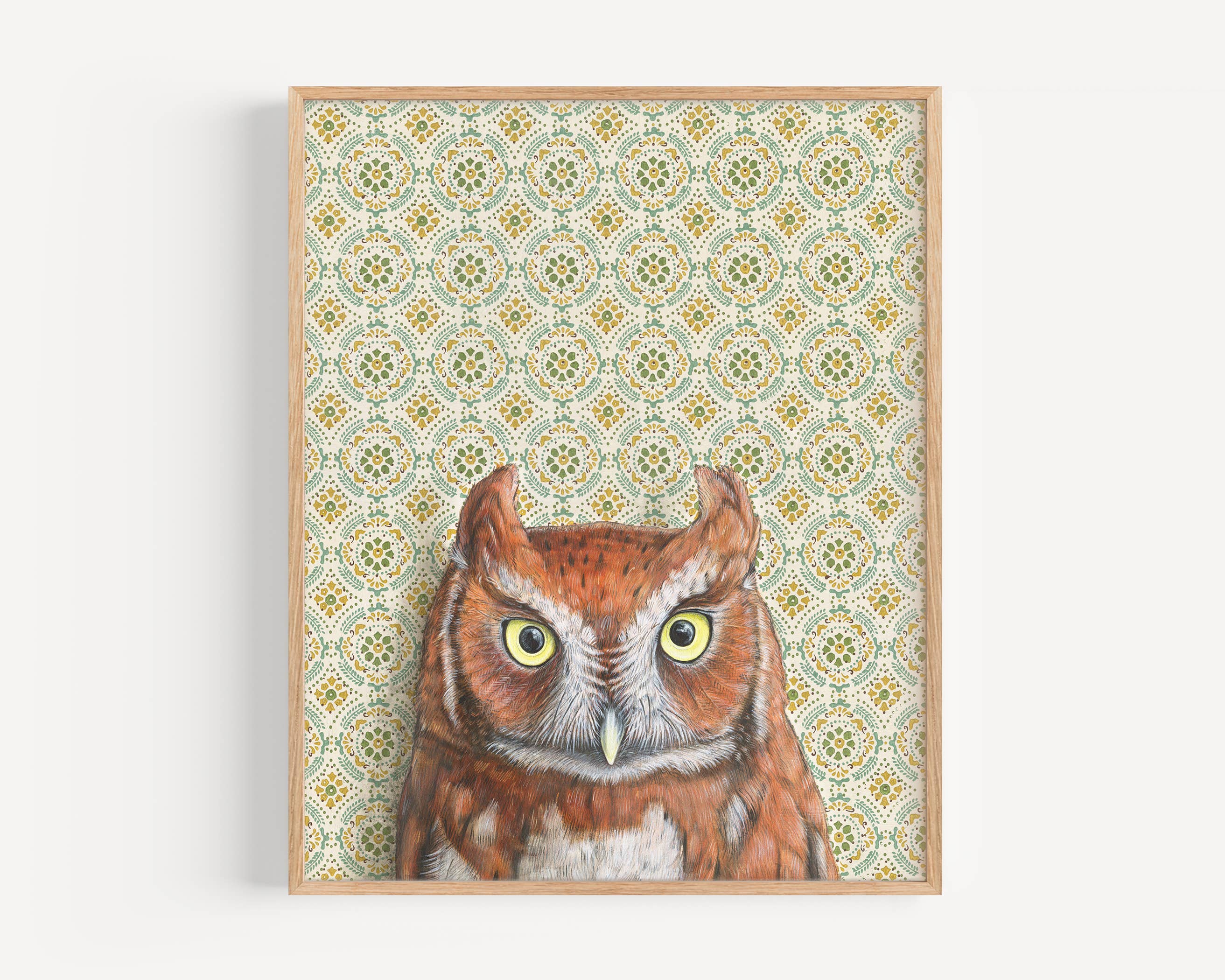 Framed art print of an owl on a patterned background