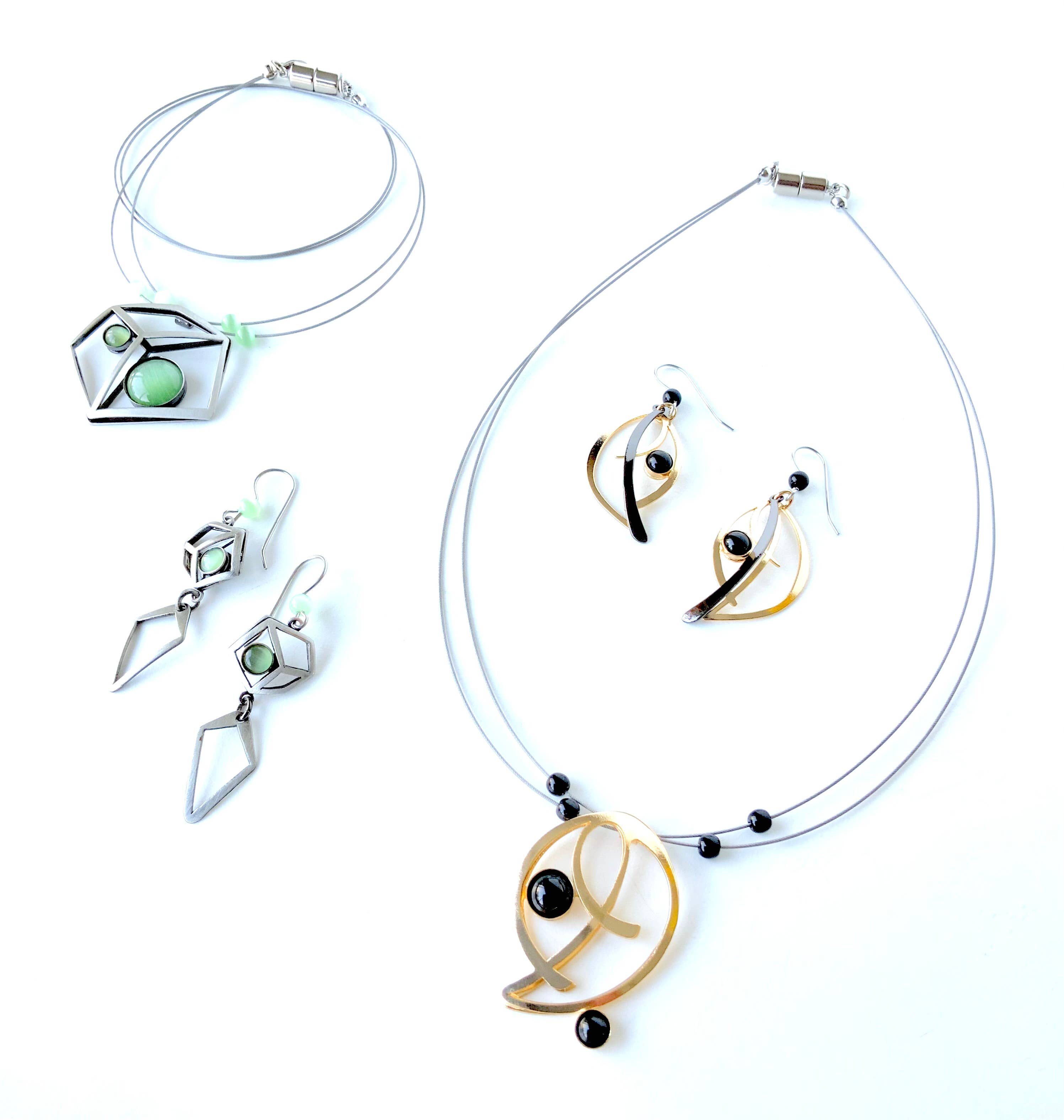 wire necklaces and earrings featuring mixed beads and acrylic gemstones