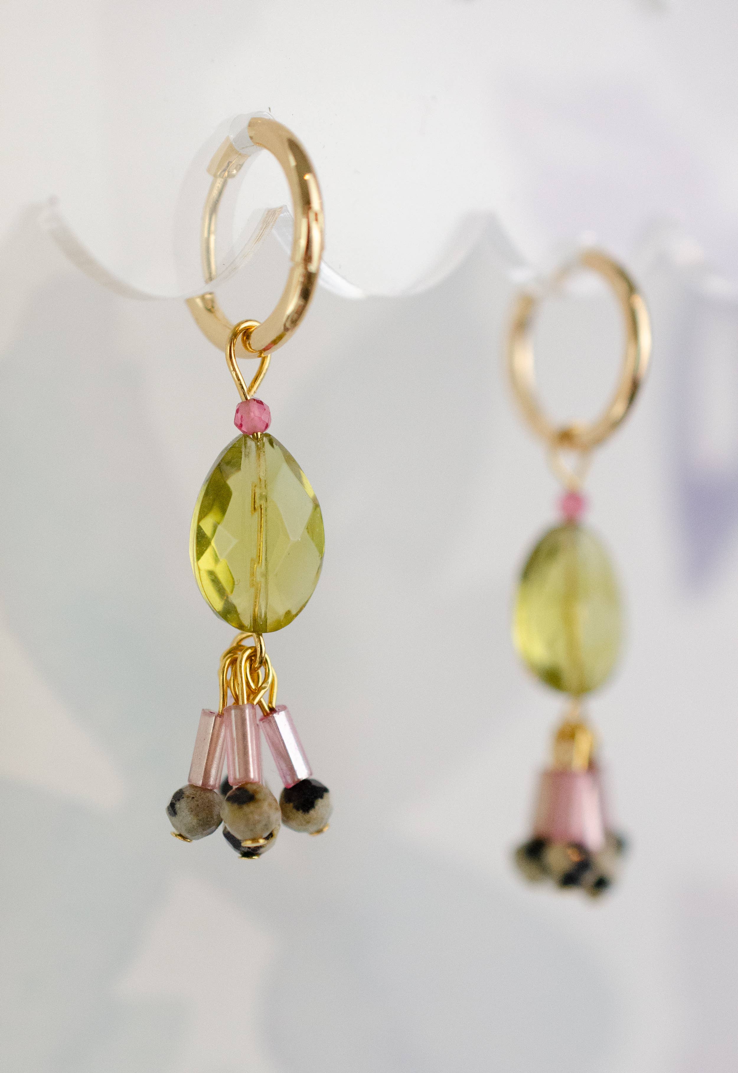Green Quartz Gemstone Hoop Dangle Earrings