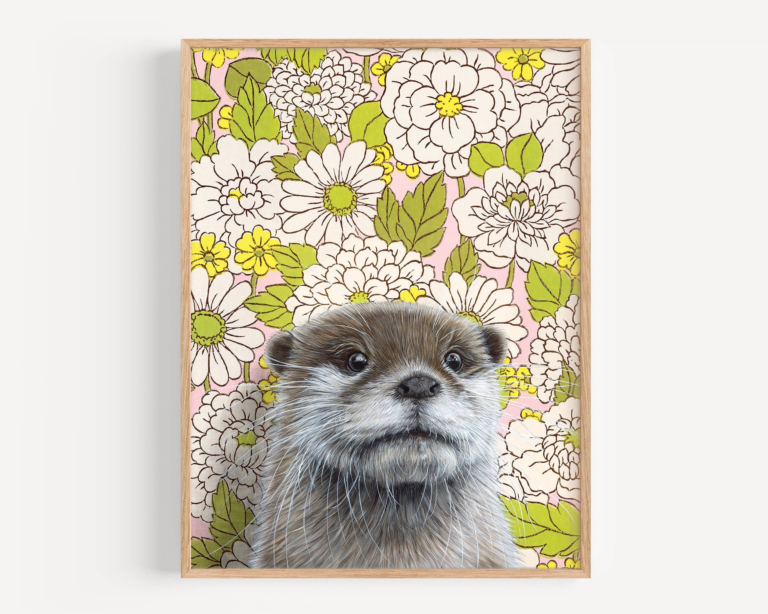 Fine art print titled 'Otter' by Emily Uchytil featuring a charming otter portrait against a vintage floral wallpaper background.