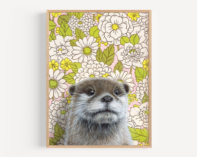 Fine art print titled 'Otter' by Emily Uchytil featuring a charming otter portrait against a vintage floral wallpaper background.