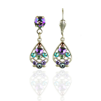 Teardrop-shaped drop earrings with purple and green gemstones 