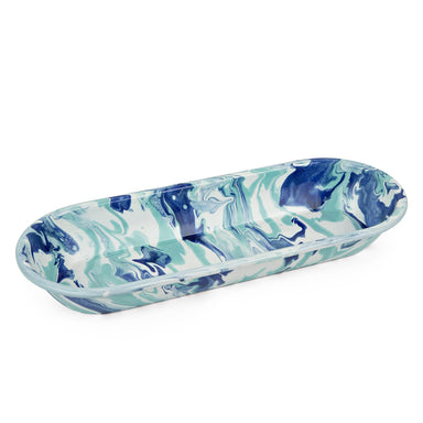 Crow Canyon Home Enamelware Lagoon Oval Basket featuring a Cobalt Blue and Sea Glass Marbled design, measuring 16 x 6 inches and 2 inches deep, perfect for elegant dining experiences.