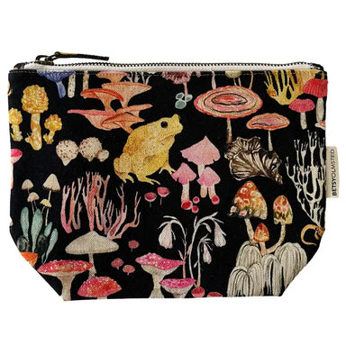 Double-sided pouch featuring a whimsical print with colorful mushrooms and a frog, designed by Betsy Olmsted Design.