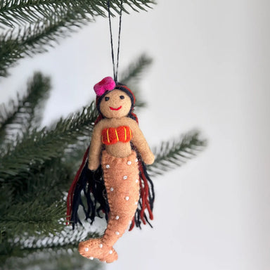 Bright and cheerful Felt Mermaid Ornaments with flowing black yarn hair and colorful designs, celebrating beauty and inclusivity for festive decorations.
