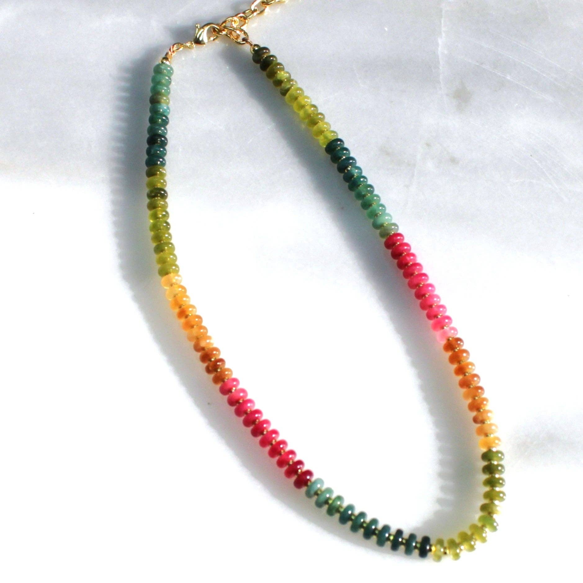 Close-up view of the Desert Hues Beaded Necklace highlighting the intricate arrangement of 6mm jade beads. Handcrafted by The Silver Wren.