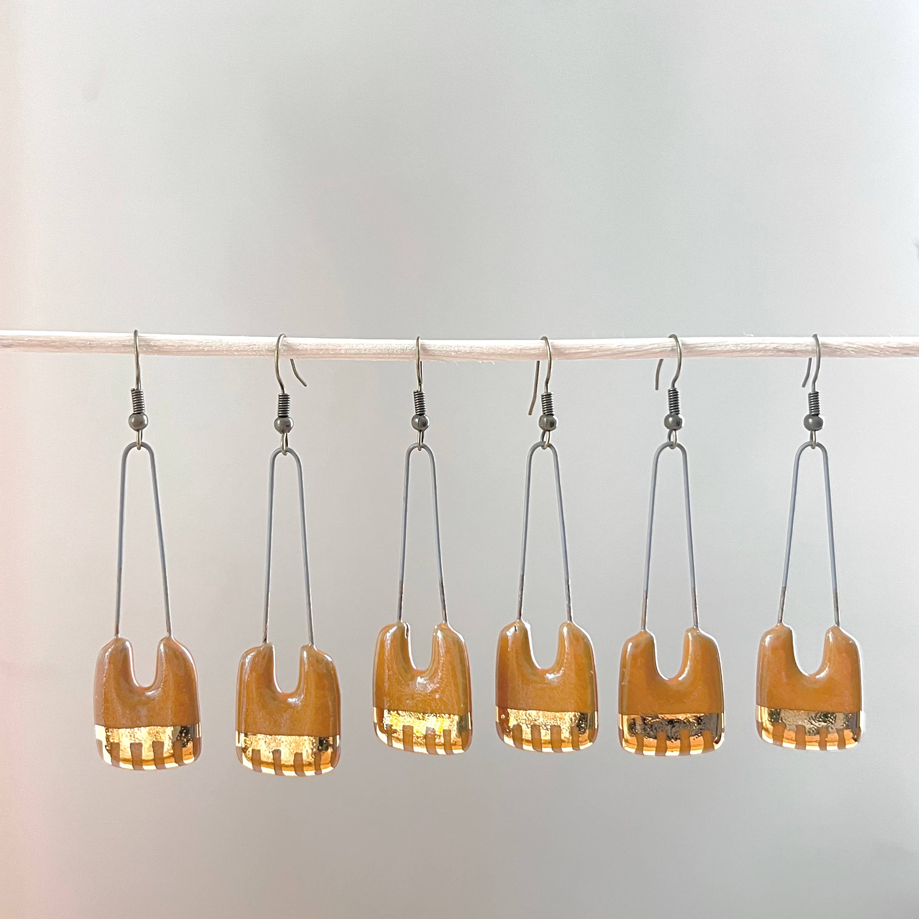 Orange Saddle Gold Dropped Rectangle Ceramic Earrings