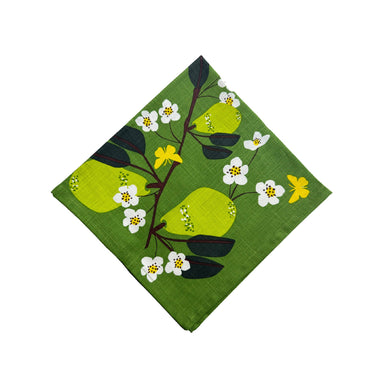 A close-up view of the Pear Napkin Set featuring four juicy pear designs, made of 100% cotton, screen printed, and measuring 20 X 20 inches square.