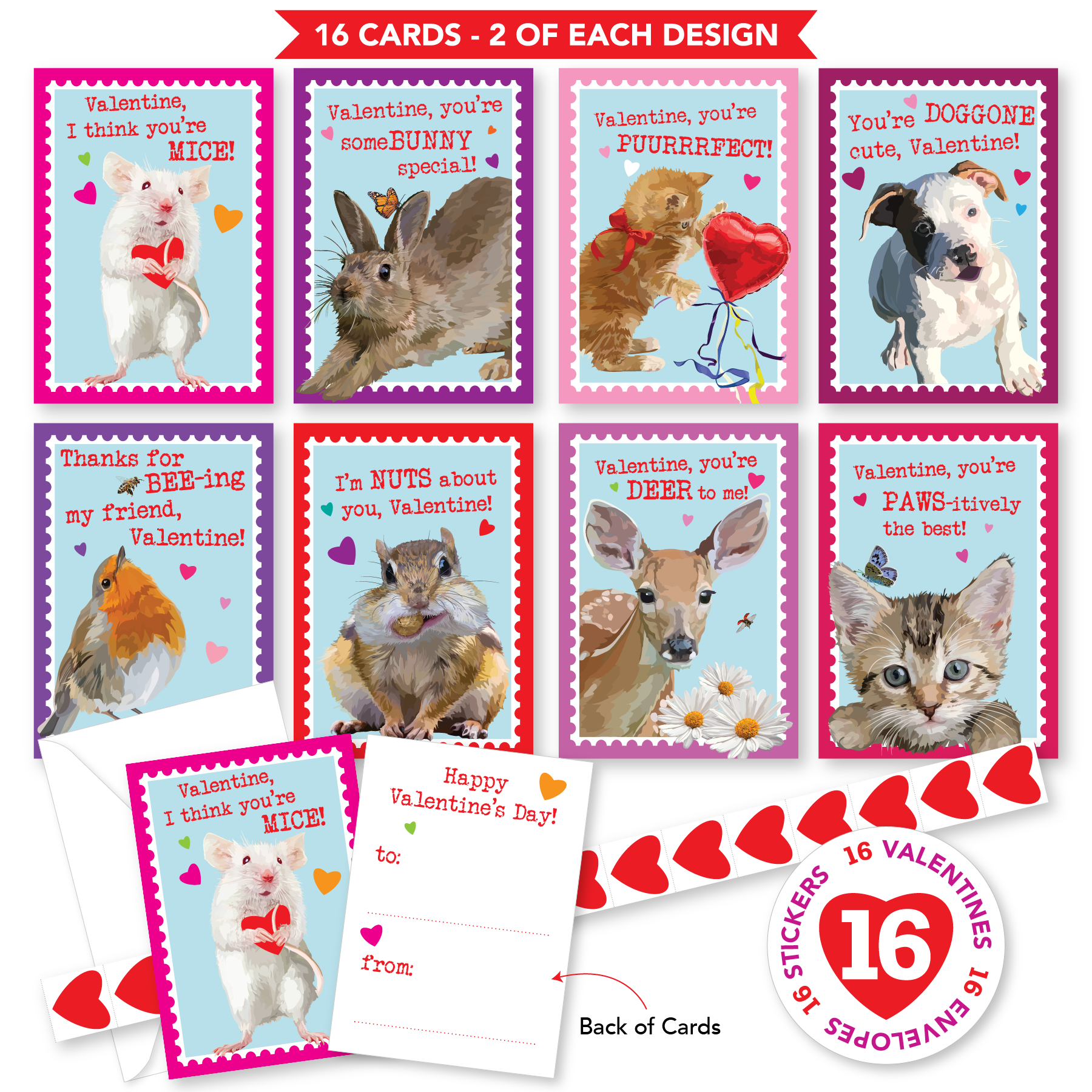 Boxed Set of 16 Kids Valentines Cards Kit by The Red Barn Press, displaying a variety of animal-themed cards. The image shows the front and back designs of the cards along with heart-shaped stickers, ideal for Valentine's Day.