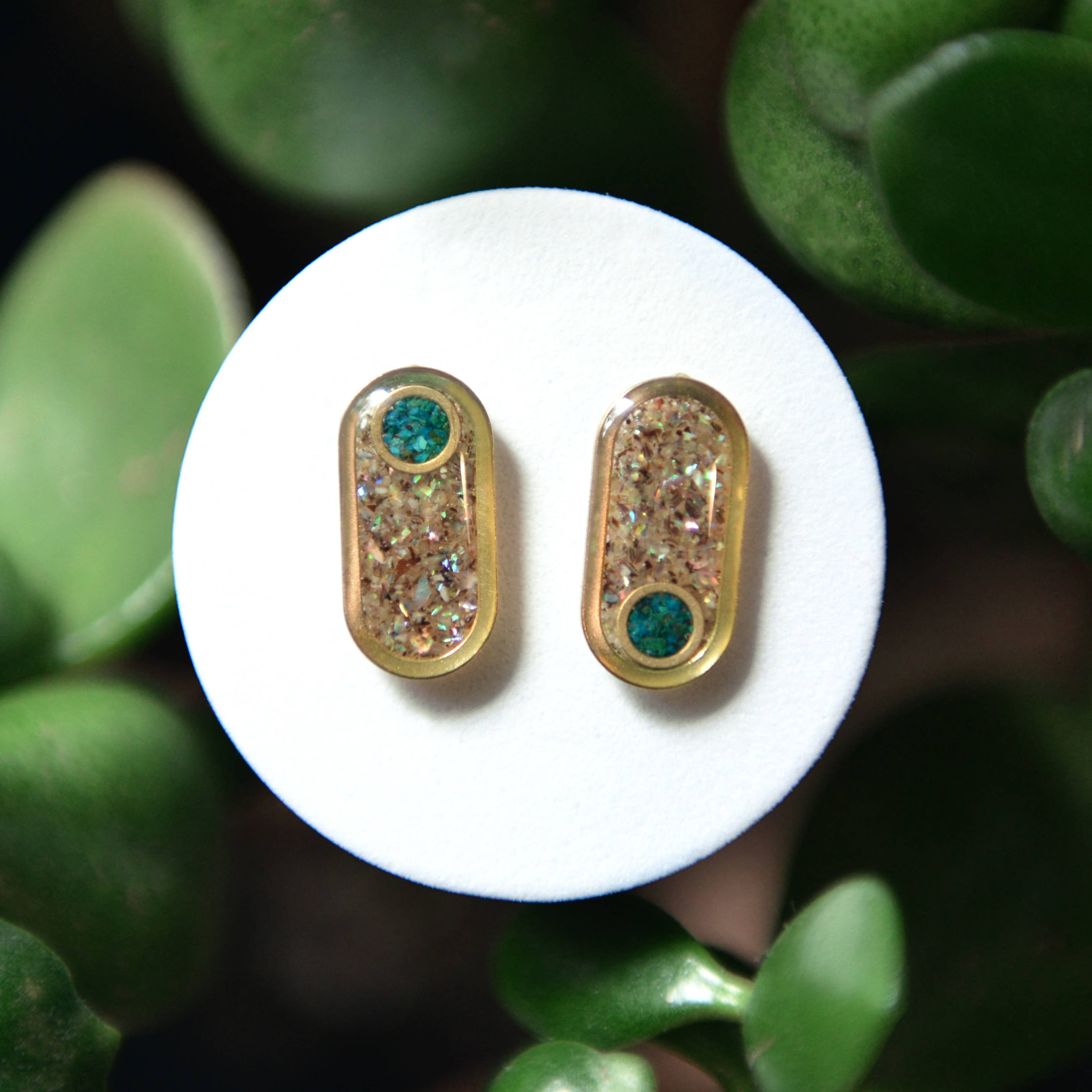 The Ellipse Earrings with crushed stone oval and round inlay