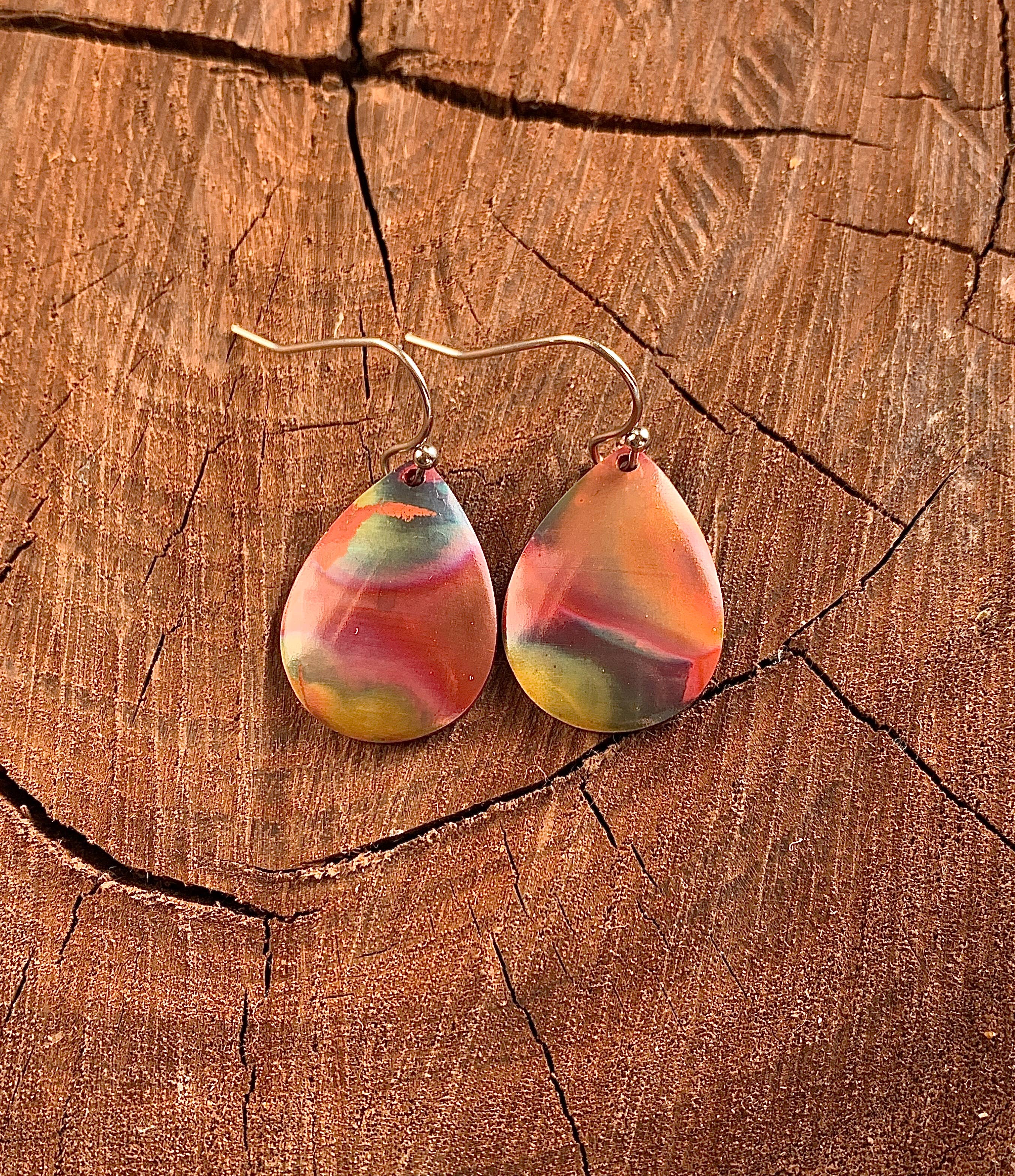 Small Teardrop Fire Painted Copper Earrings