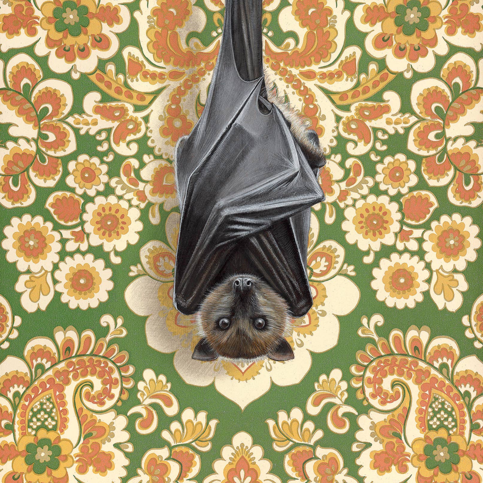 Framed art print of a bat hanging upside down against retro floral pattern background