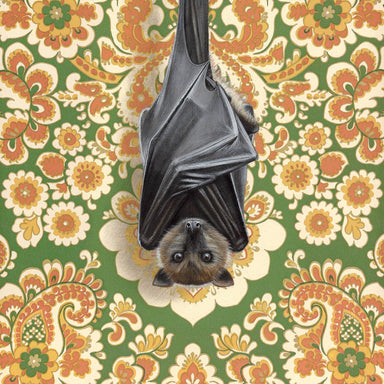Framed art print of a bat hanging upside down against retro floral pattern background