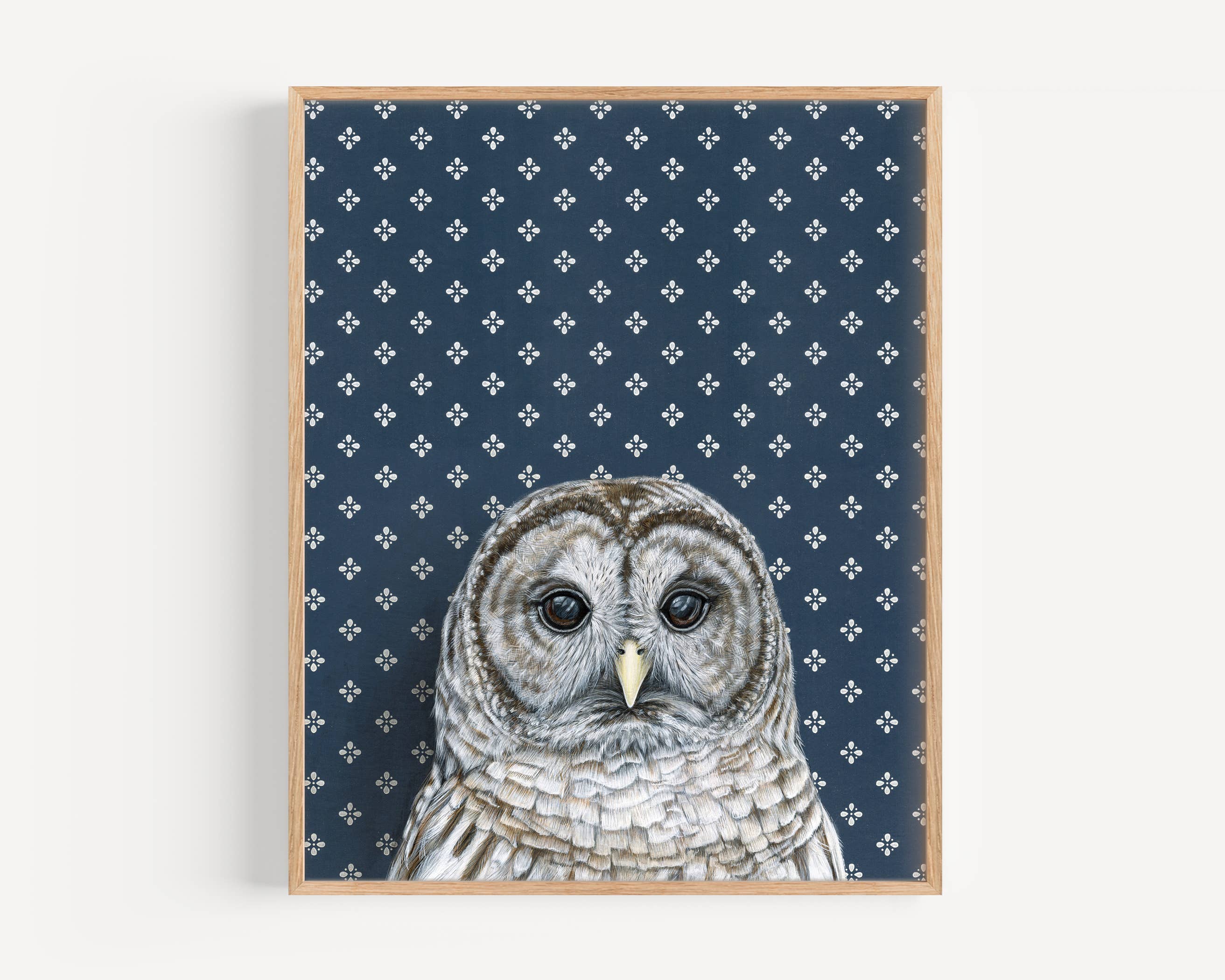 Barred Owl Dark Blue Fine Art Print showcasing a wise bird in a nursery setting - perfect for parents looking to add a touch of wisdom to their child's room!