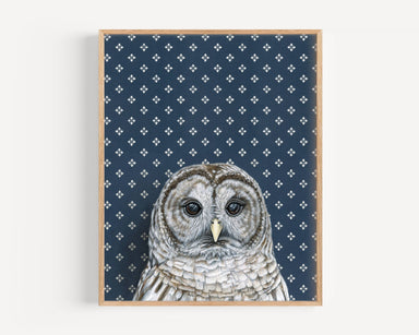 Barred Owl Dark Blue Fine Art Print showcasing a wise bird in a nursery setting - perfect for parents looking to add a touch of wisdom to their child's room!