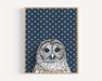 Barred Owl Dark Blue Fine Art Print showcasing a wise bird in a nursery setting - perfect for parents looking to add a touch of wisdom to their child's room!