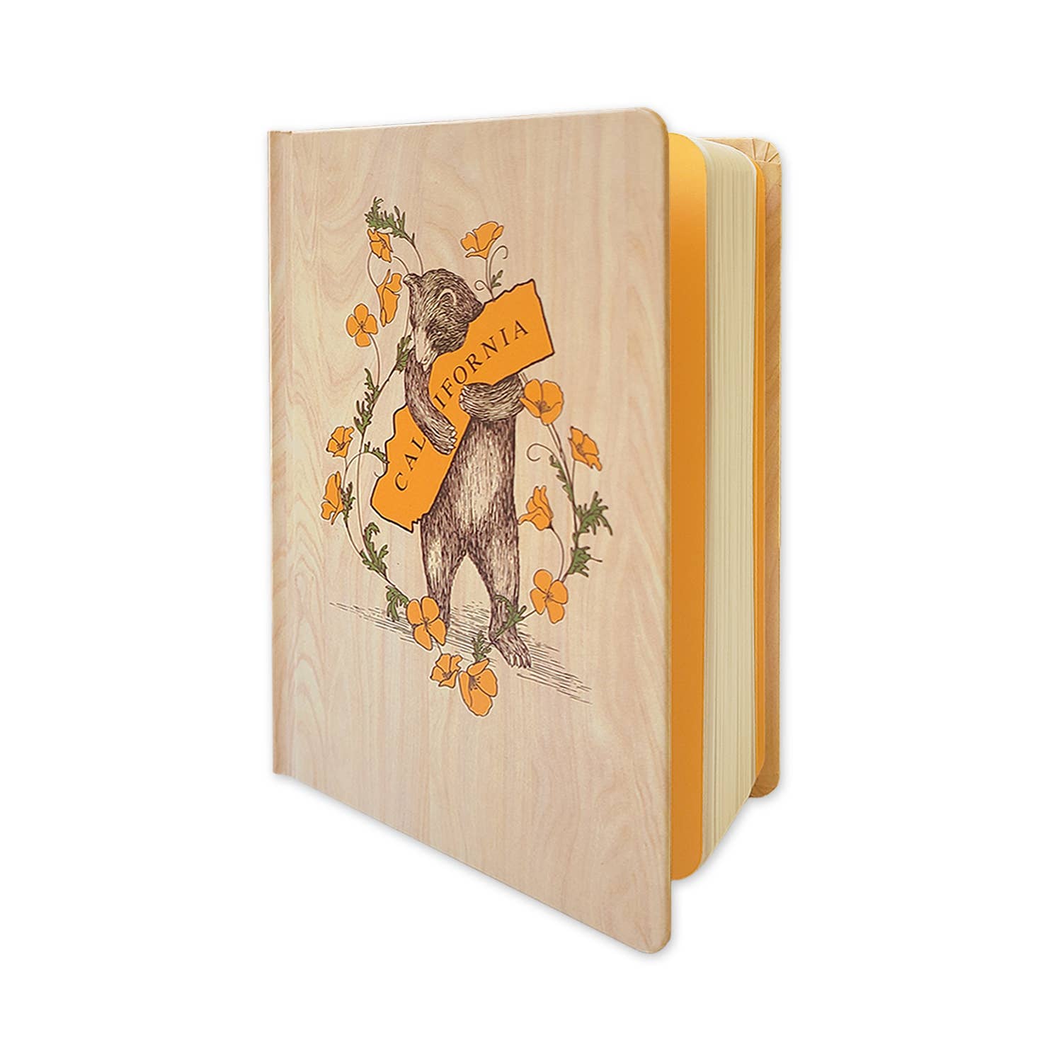 California Bear Hug Hardcover Journal by SF Mercantile showcasing a charming design of a bear hugging a California sign surrounded by vibrant poppies, with a soft woodgrain cover.