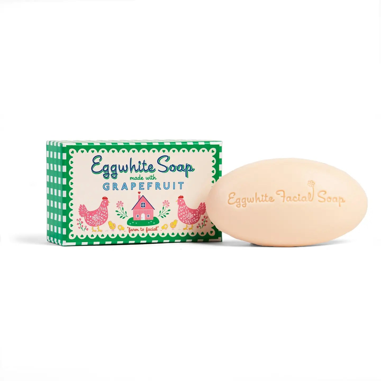 Eggwhite Facial Soap made with Grapefruit by Kalastyle Soap Co., showcasing a peach oval soap bar and vibrant green packaging with playful chicken illustrations.