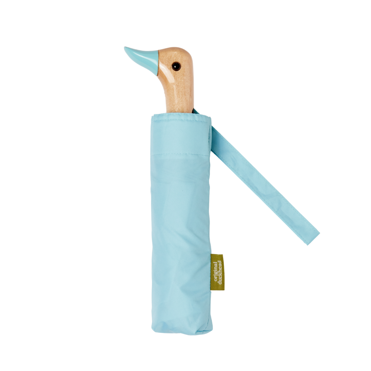 Original Duckhead Compact Umbrella in a light blue sleeve featuring a birchwood handle, crafted by Original Duckhead.