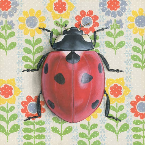 Ladybug White - Fine Art Print - Insect Illustration by Emily Uchytil, showcasing a detailed red ladybug against a whimsical flower backdrop.