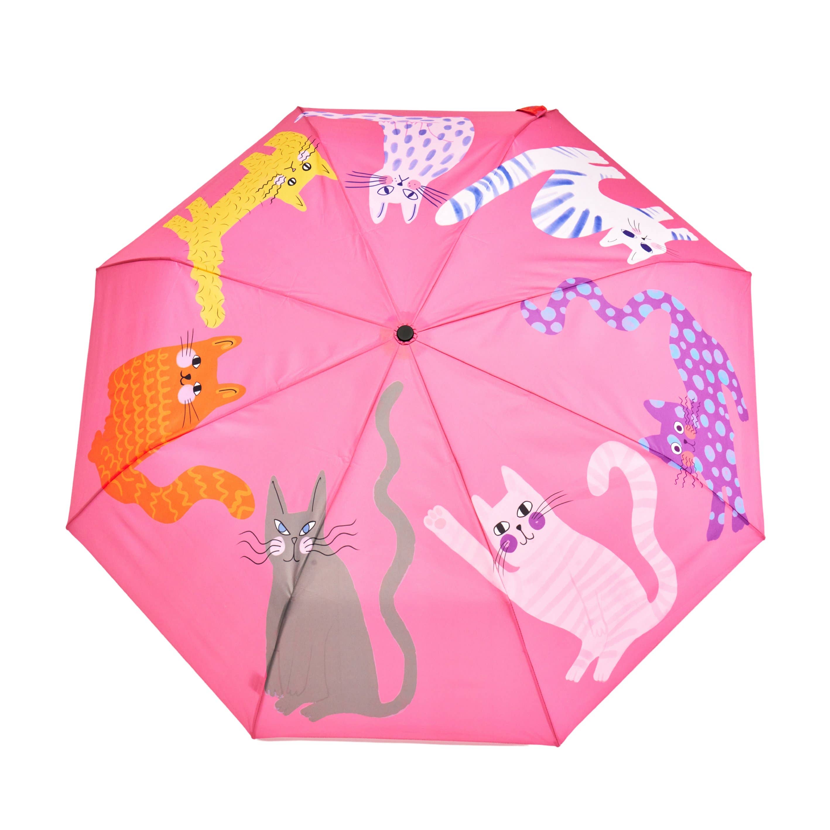 Open view of a fuchsia Arty Cats Duck Umbrella displaying a variety of playful cat illustrations, designed by Original Duckhead USA.