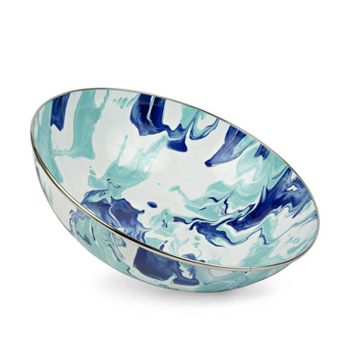Crow Canyon Home Enamelware Lagoon Catering Bowl featuring a marbled design in cobalt blue and sea glass colors, showcasing its elegant and durable 5 quart capacity.