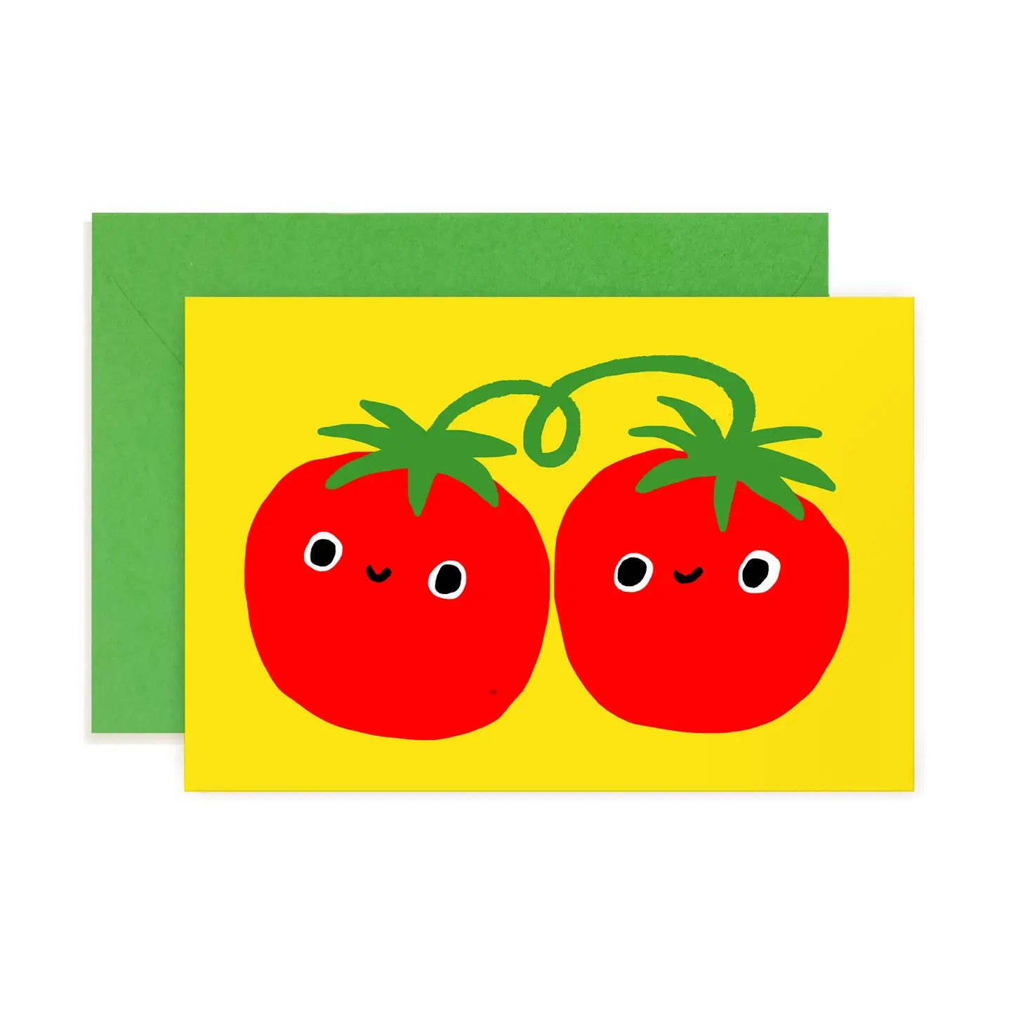 Cute illustration of two smiling tomatoes with green tops, created by Karen Schipper, included in the Mini Note Card Collection.