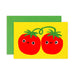 Cute illustration of two smiling tomatoes with green tops, created by Karen Schipper, included in the Mini Note Card Collection.