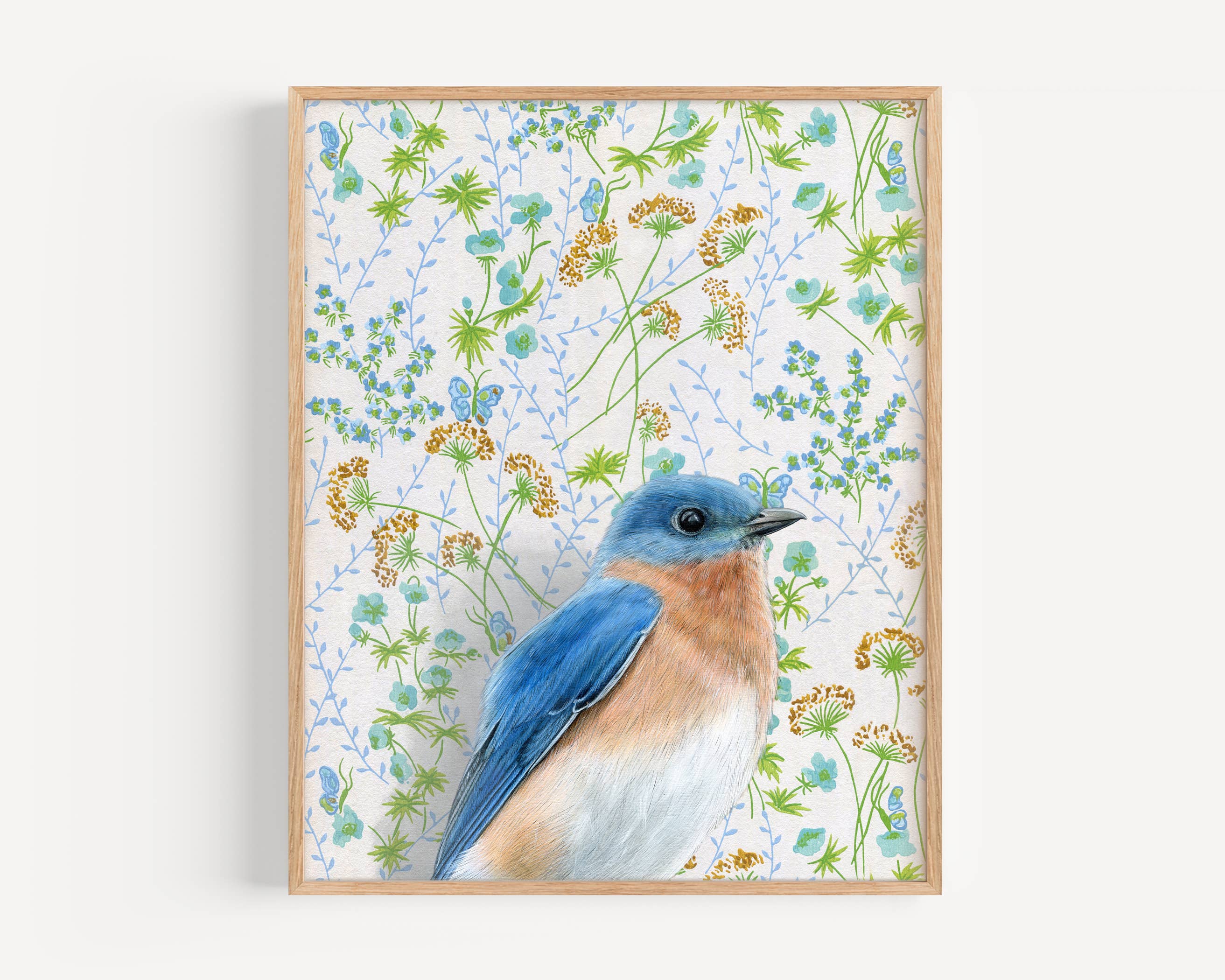Bluebird fine art print by Emily Uchytil featuring a vibrant bluebird on a floral patterned background, perfect for nature lovers.