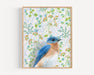 Bluebird fine art print by Emily Uchytil featuring a vibrant bluebird on a floral patterned background, perfect for nature lovers.