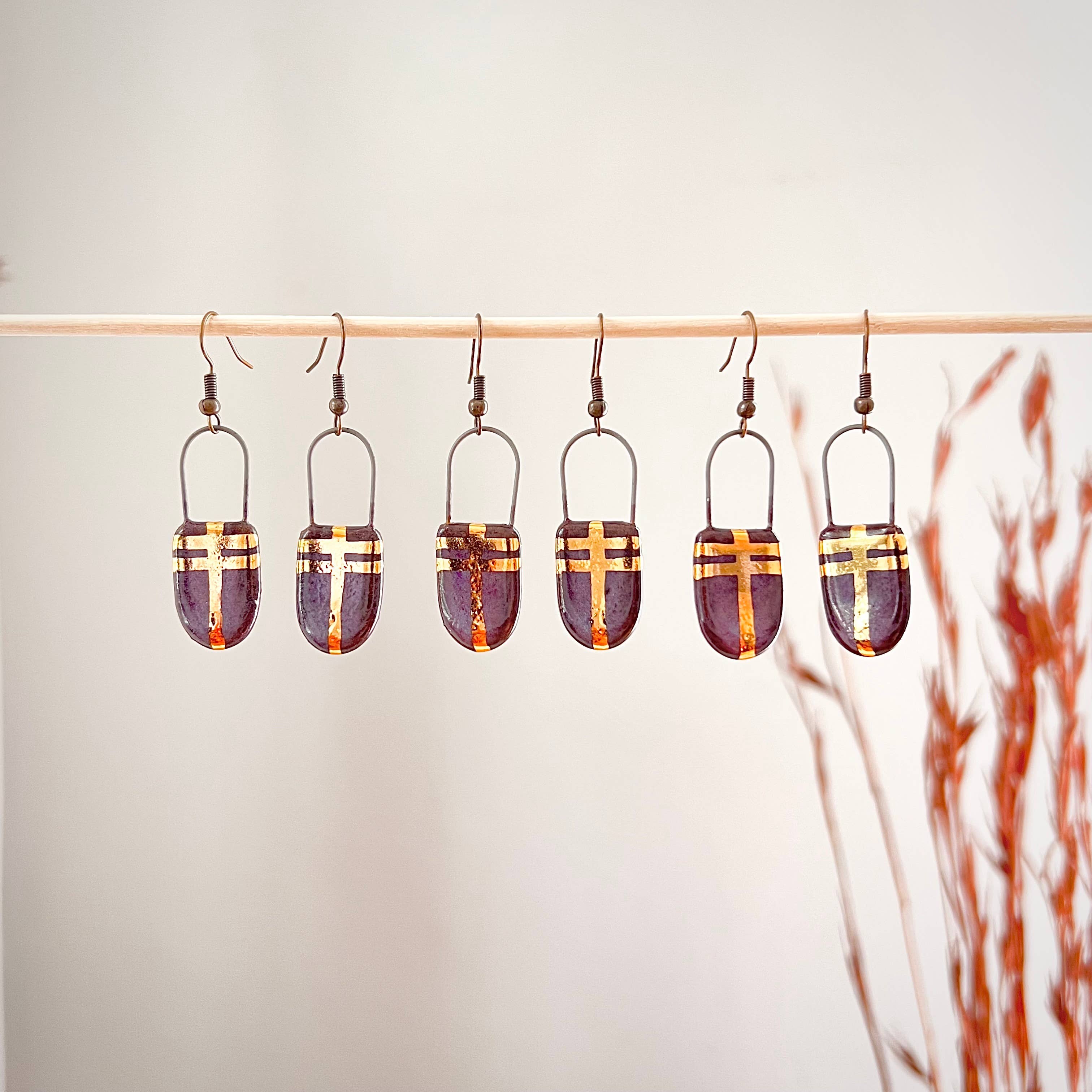 Eggplant Purple and Gold Rounded Earrings