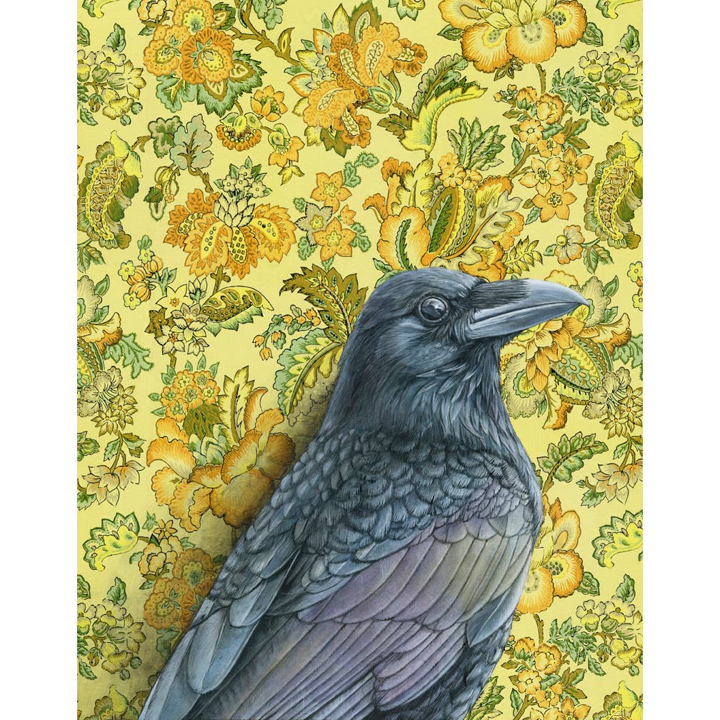 Framed art print of a raven on a floral background