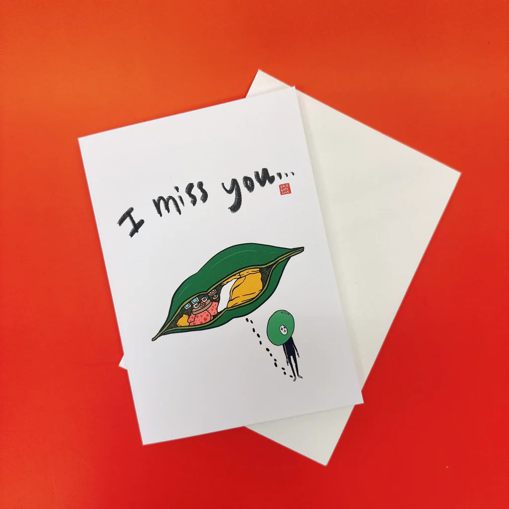 Kris Goto Card Collection featuring a greeting card with the message 'I miss you...' and a whimsical illustration, part of the unique designs by Kris Goto.