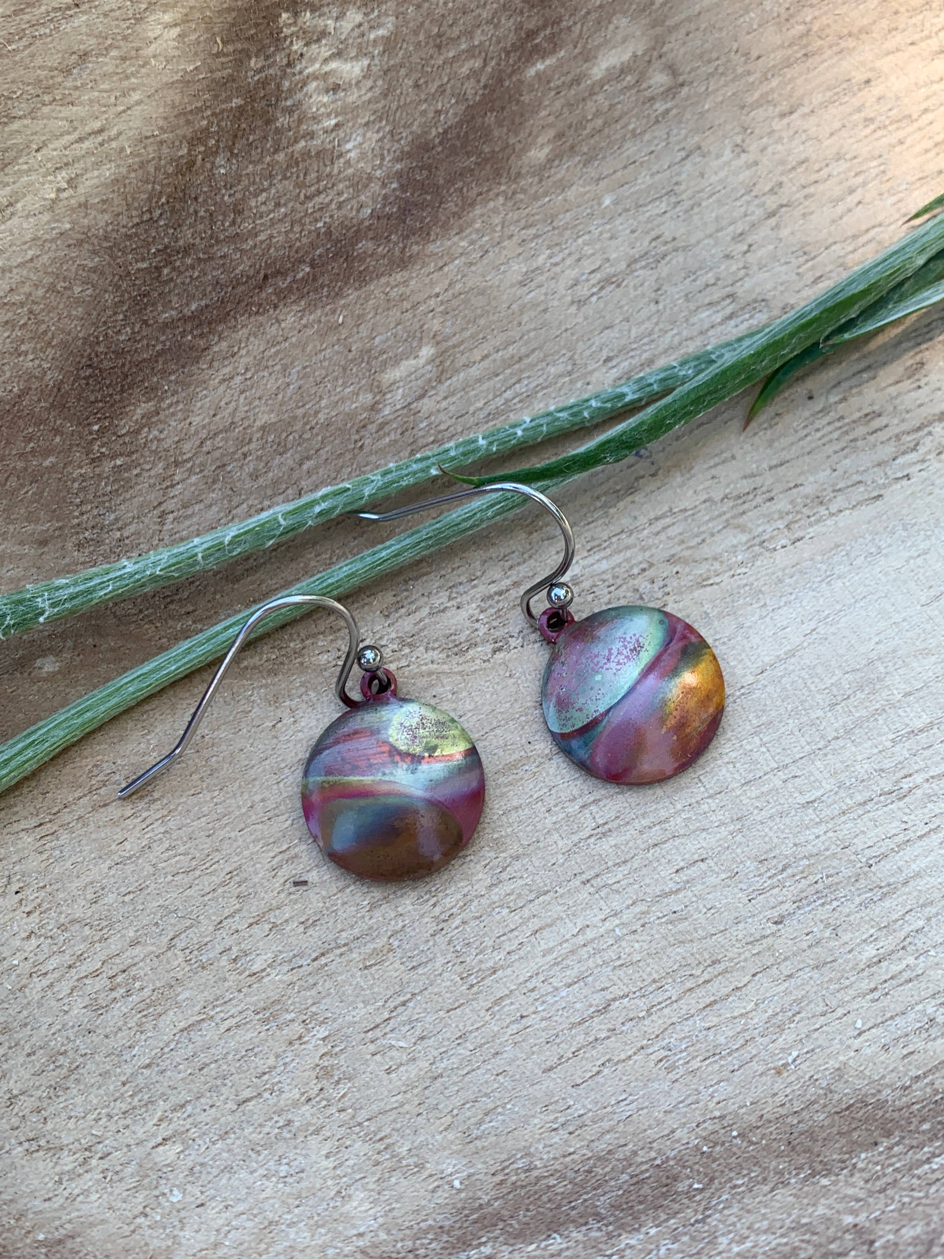 Small Round Fire Painted Copper Earrings
