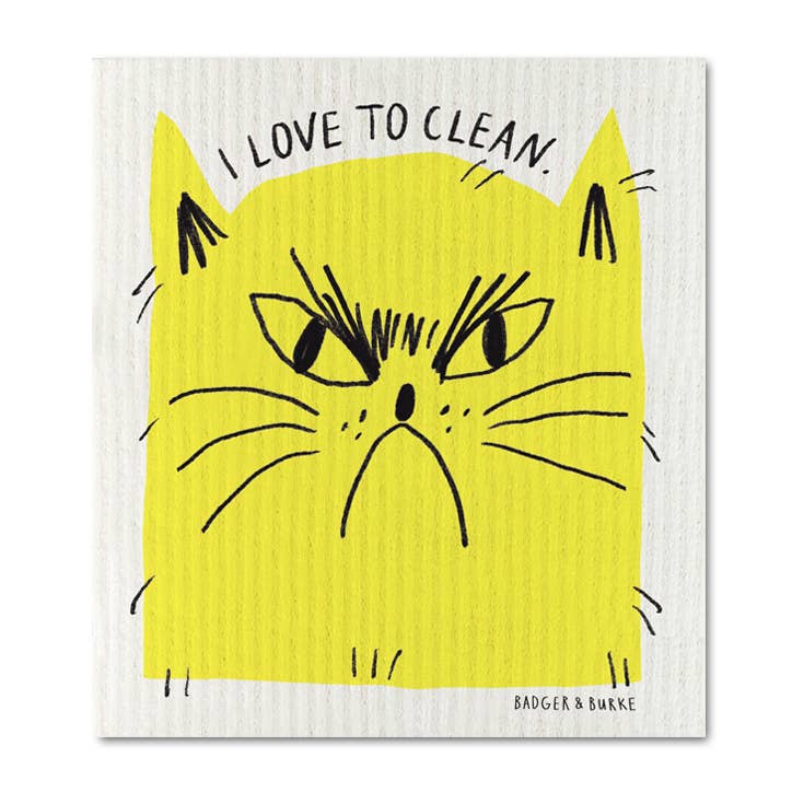 Yellow cat-themed cleaning cloth with text 'I Love to Clean' 