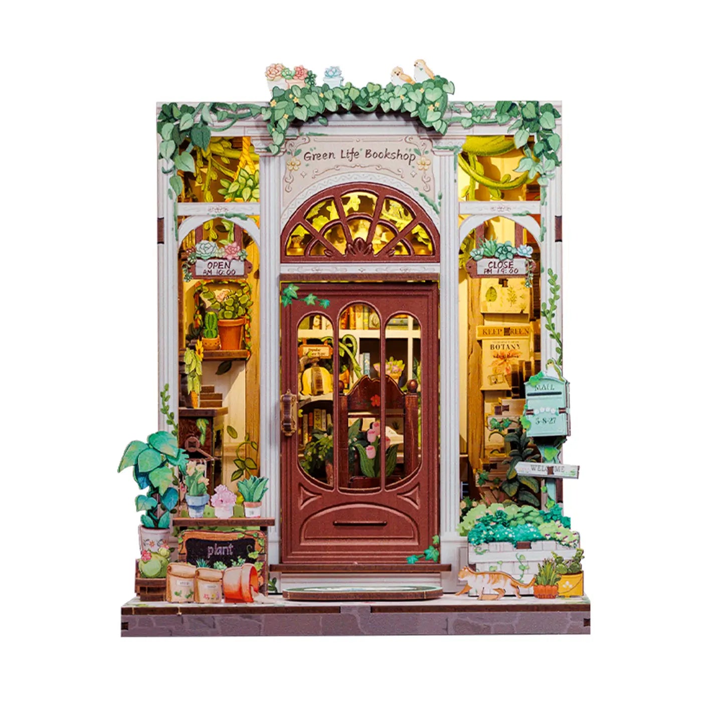 Green Life Bookshop miniature model by Hands Craft, featuring vibrant greenery and whimsical decorations, ideal for creating DIY Miniature Book Nooks.
