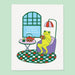 Playful housewarming card with a yellow frog relaxing in an armchair next to a tea set, featuring the text 'CONGRATS ON YOUR NEW PLACE!' from The Good Twin Card Collection, designed by The Good Twin.