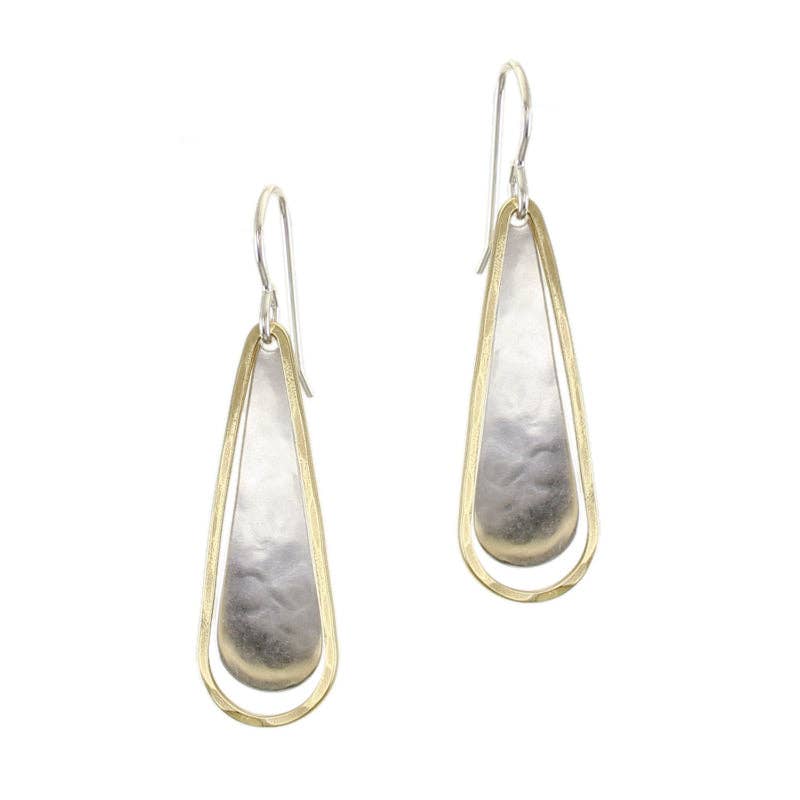 Teardrop with Teardrop Ring Wire Earrings by Marjorie Baer showcasing a silver teardrop paired with a brass teardrop ring, demonstrating a playful, layered design.