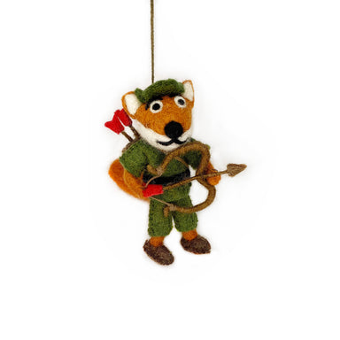 Felt fox ornament dressed as a hunter with a bow and arrows